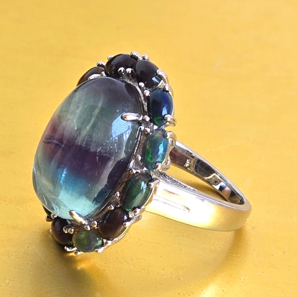 Natural Fluorite & Black Opal 925 Sterling Silver Ring Sz 7.25 - Picture 14 of 14